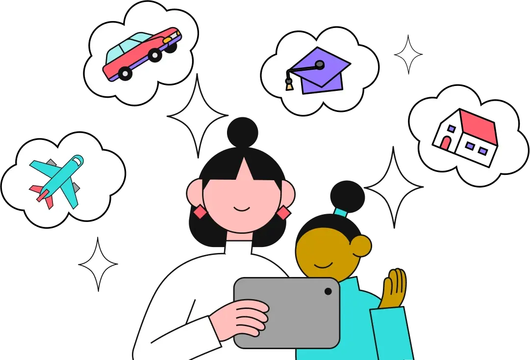 Money invested in a Junior ISA now could contribute to their dreams at 18 Parent and child looking at a tablet with illustrations of future goals